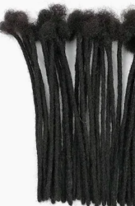 A group of black dreadlock extensions.
